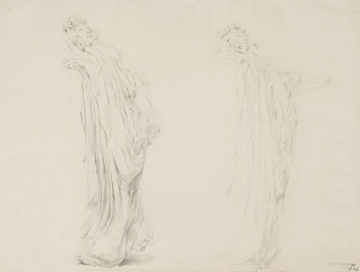 Studie af to kvindefigurer til Moods to Music vægmaleri, 1893-95 (grafit med gul blyant på cremevævet papir) af Robert Frederick Blum