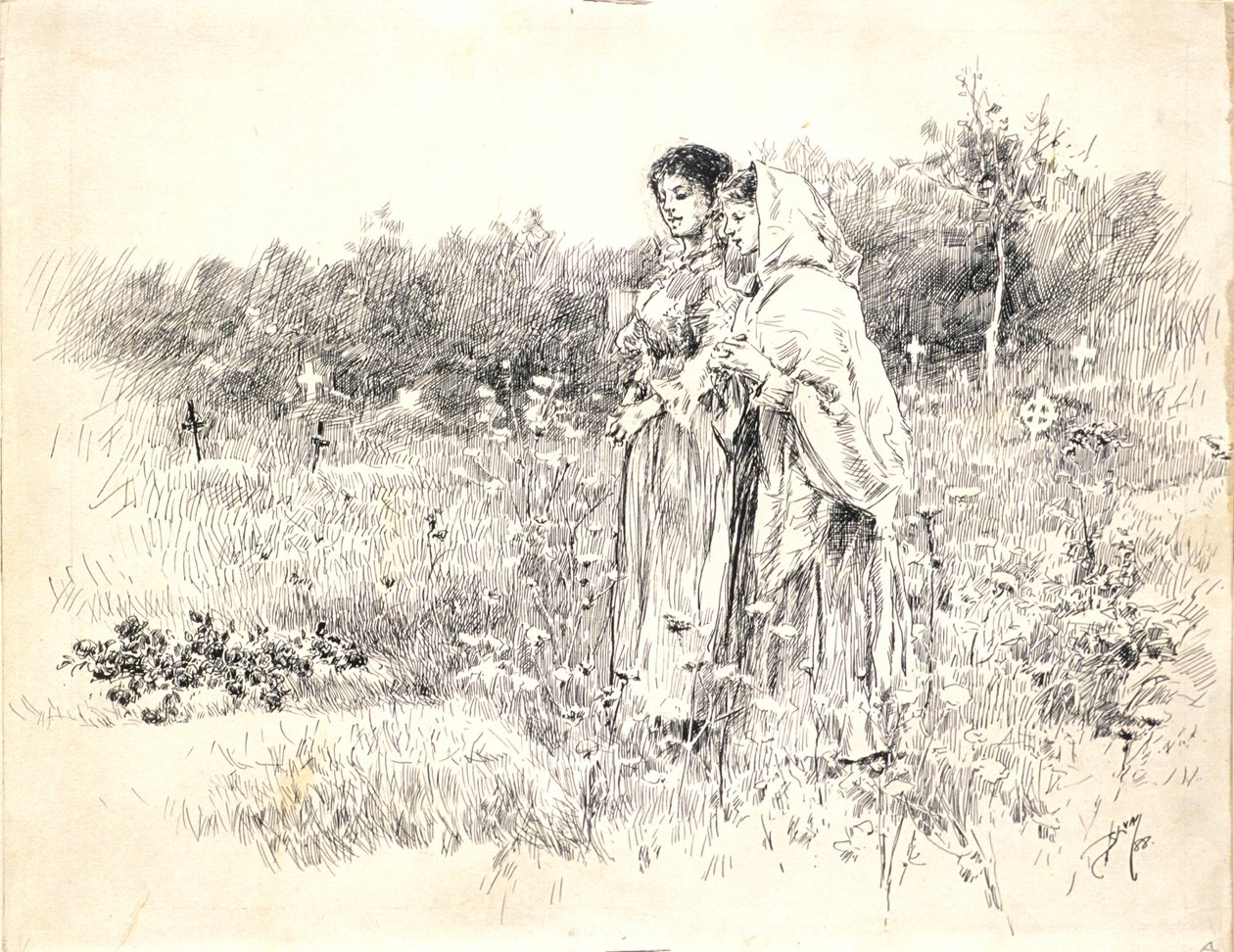 To piger, der står foran en grav af Robert Frederick Blum