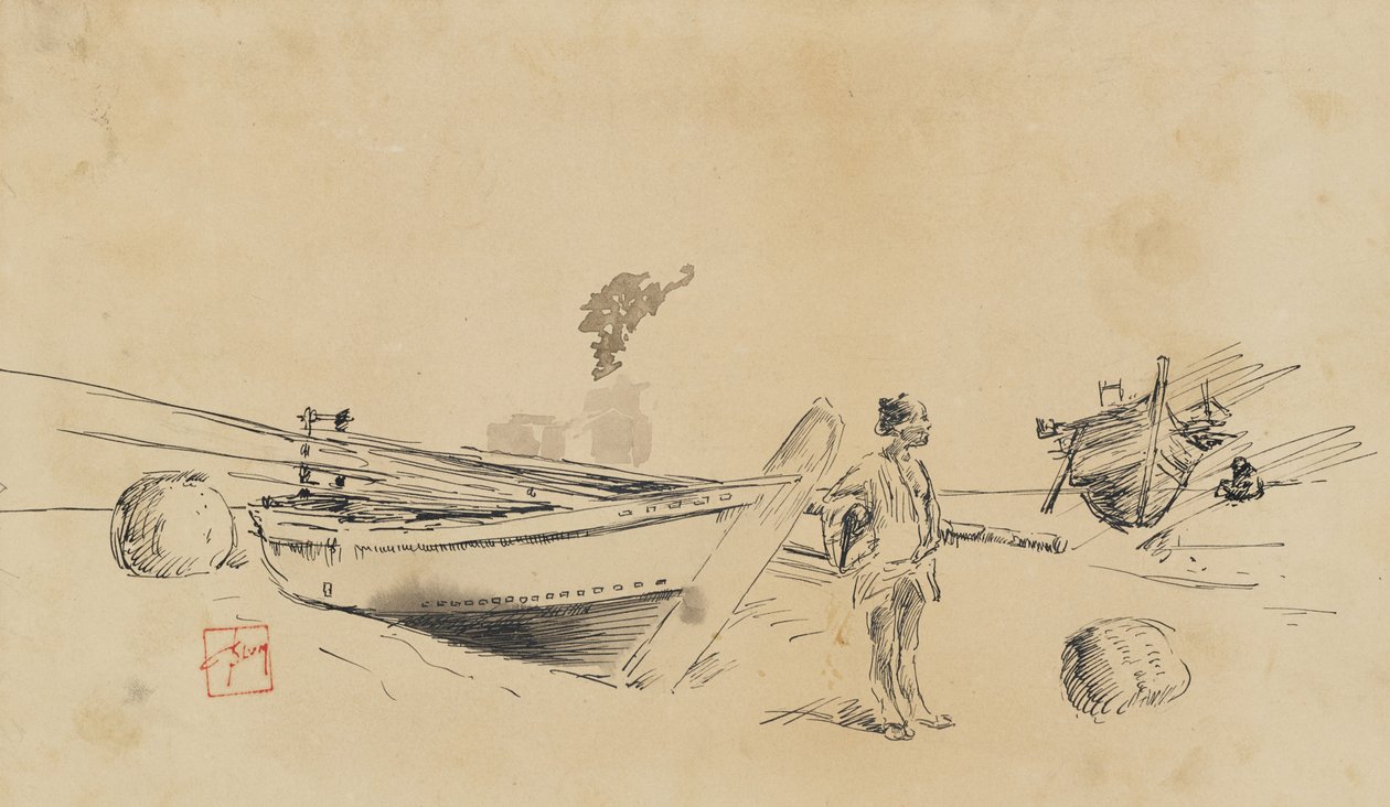 To japanske fiskerbåde på kysten, 1867-1903 af Robert Frederick Blum