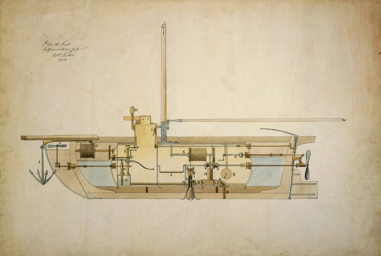 Original tegning af Nautilus, den første undervandsbåd (ubåd), præsenteret af dens opfinder Robert Fulton (1765-1815) til det amerikanske senat i 1806. af Robert Fulton