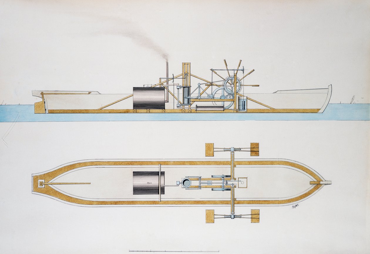 Dampbåd designet af Robert Fulton, akvarel, USA af Robert Fulton