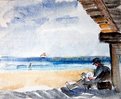 Læsning på stranden (akvarel og kul på papir) af Robert Graham Dryden Alexander