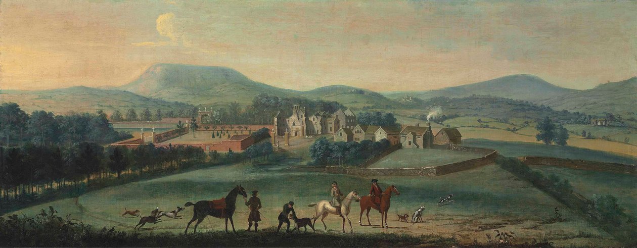 En udsigt over den ødelagte Westby Hall, Yorkshire, med et jagtselskab i forgrunden af Robert Griffier