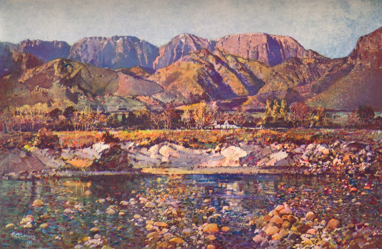 Wemmers Hoek-bjergene Wemmershoek fra Berg-floden, Cape Western Province, c20. århundrede af Robert Gwelo Goodman
