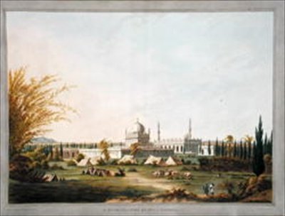 Hyder Ali Khans mausoleum i Laulbaug, illustration fra "Twelve Views of Mysore, country of Tippoo Sultan", farvelagt og graveret af J.W. Edy, udgivet 1804 (farvet akvatint) af Robert H. (after) Colebrooke