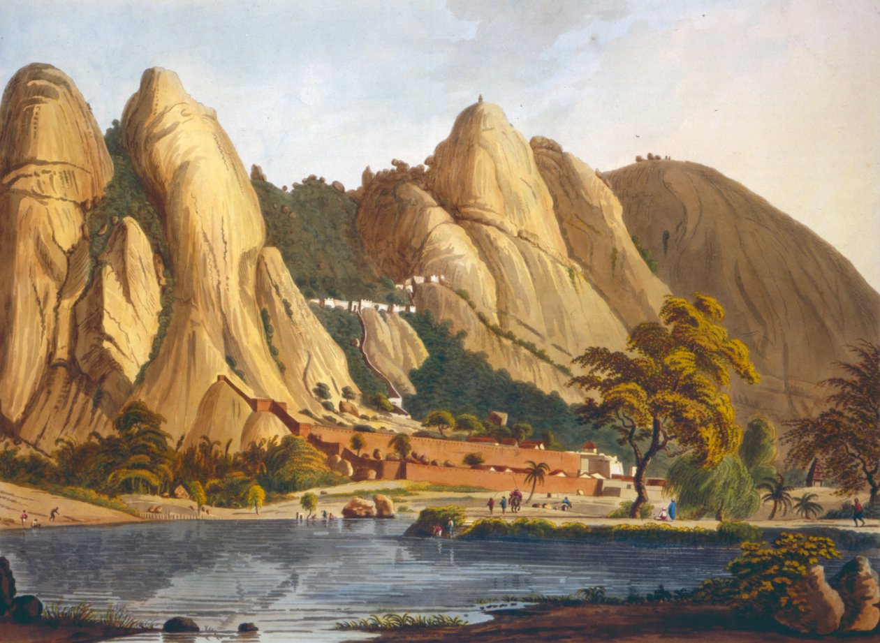 Sydlig udsigt over Sewandroog, illustration fra Twelve Views of Mysore, Tippoo Sultanens land indgraveret og farvelagt af J.W. Edy, udgivet 1804 (farvet akvatint) af Robert H. Colebrooke