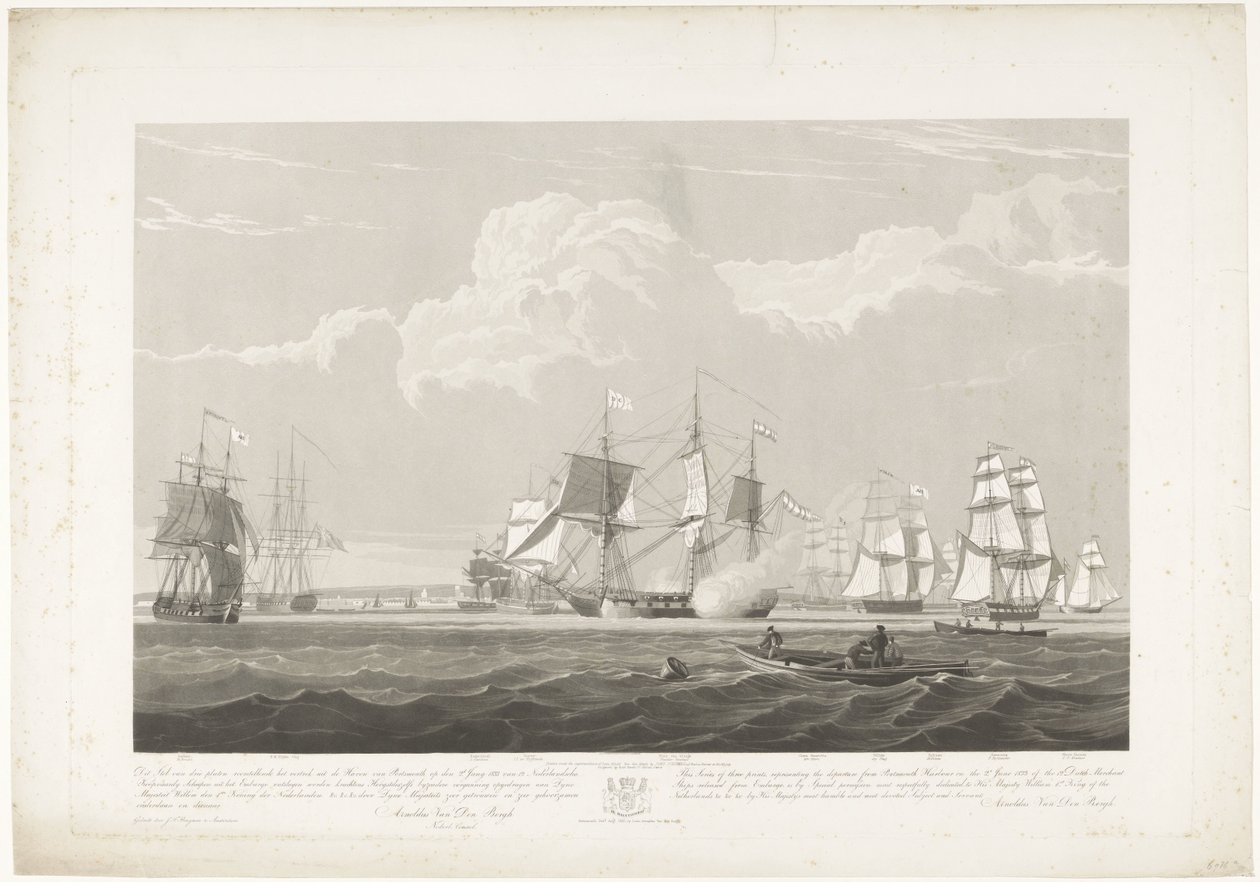 Afgang af tolv hollandske handelsskibe fra Portsmouth Harbour, 1833 (plade 3) Dette sæt på tre plader viser afgangen fra Portsmouth Harbour den 2. juni 1833 af 12 Nederlandsche Koopvaardy-skibe fra Embargo losset af Robert Havell (II)