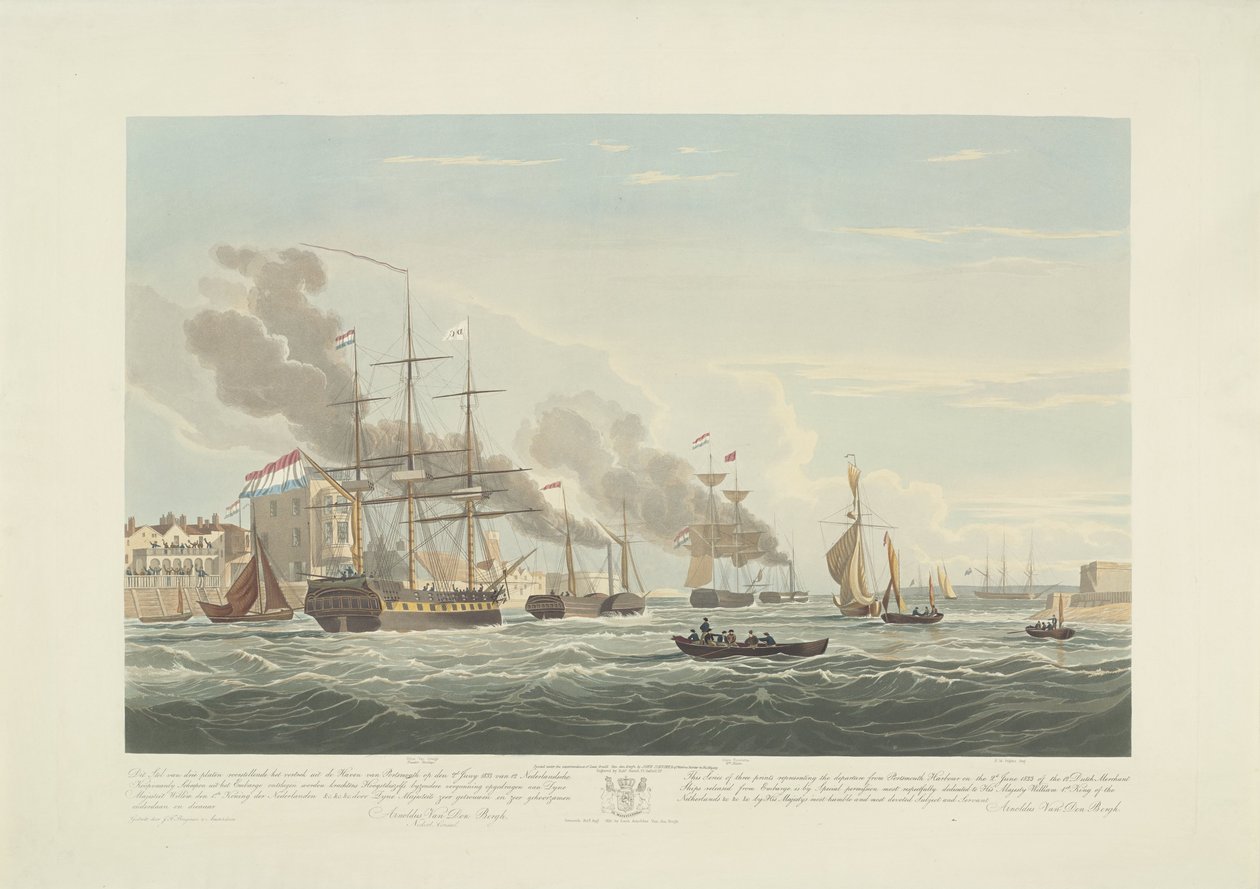 Afgang af tolv hollandske handelsskibe fra Portsmouth Harbour, 1833 (plade 2) Dette sæt på tre plader viser afgangen fra Portsmouth Harbour den 2. juni 1833 af 12 Nederlandsche Koopvaardy-skibe fra Embargo losset af Robert Havell (II)