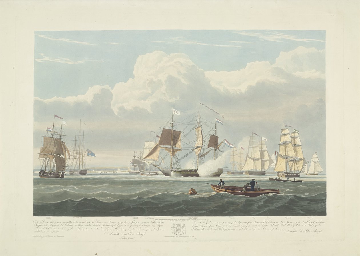 Afgang af tolv hollandske handelsskibe fra Portsmouth Harbour, 1833 (plade 3) Dette sæt på tre plader viser afgangen fra Portsmouth Harbour den 2. juni 1833 af 12 Nederlandsche Koopvaardy-skibe fra Embargo losset af Robert Havell (II)