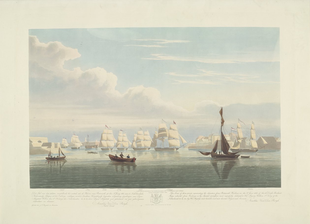 Afgang af tolv hollandske handelsskibe fra Portsmouth Harbour, 1833 (plade 1) Dette sæt på tre plader viser afgangen fra Portsmouth Harbour den 2. juni 1833 af 12 Nederlandsche Koopvaardy-skibe fra Embargo losset af Robert Havell (II)