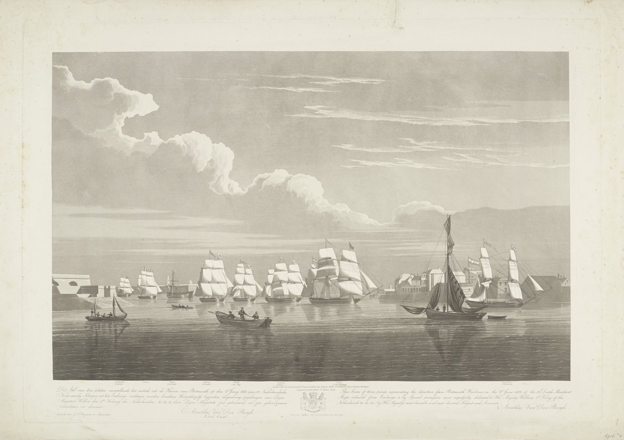 Afgang af tolv hollandske handelsskibe fra Portsmouth Harbour, 1833 (plade 1) Dette sæt på tre plader viser afgangen fra Portsmouth Harbour den 2. juni 1833 af 12 Nederlandsche Koopvaardy-skibe fra Embargo losset af Robert Havell (II)