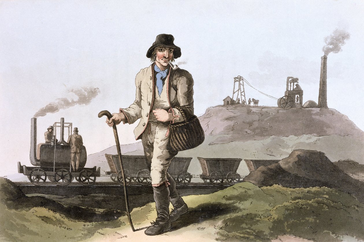 Blenkinsop damplokomotiv på Middleton colliery nær Leeds, West Yorkshire, 1814 af Robert Havell