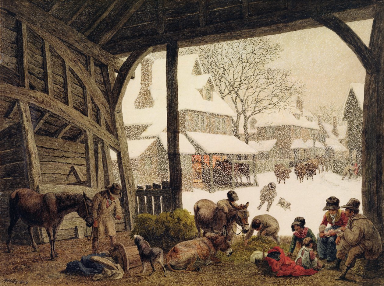 A Village Snow Scene, 1819 (wc, kropsfarve, skraber ud over grafit) af Robert Hills