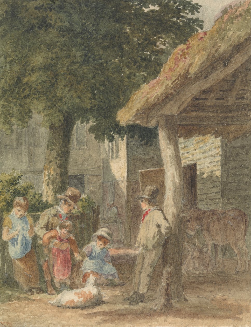 Børn med hund i gården af Robert Hills