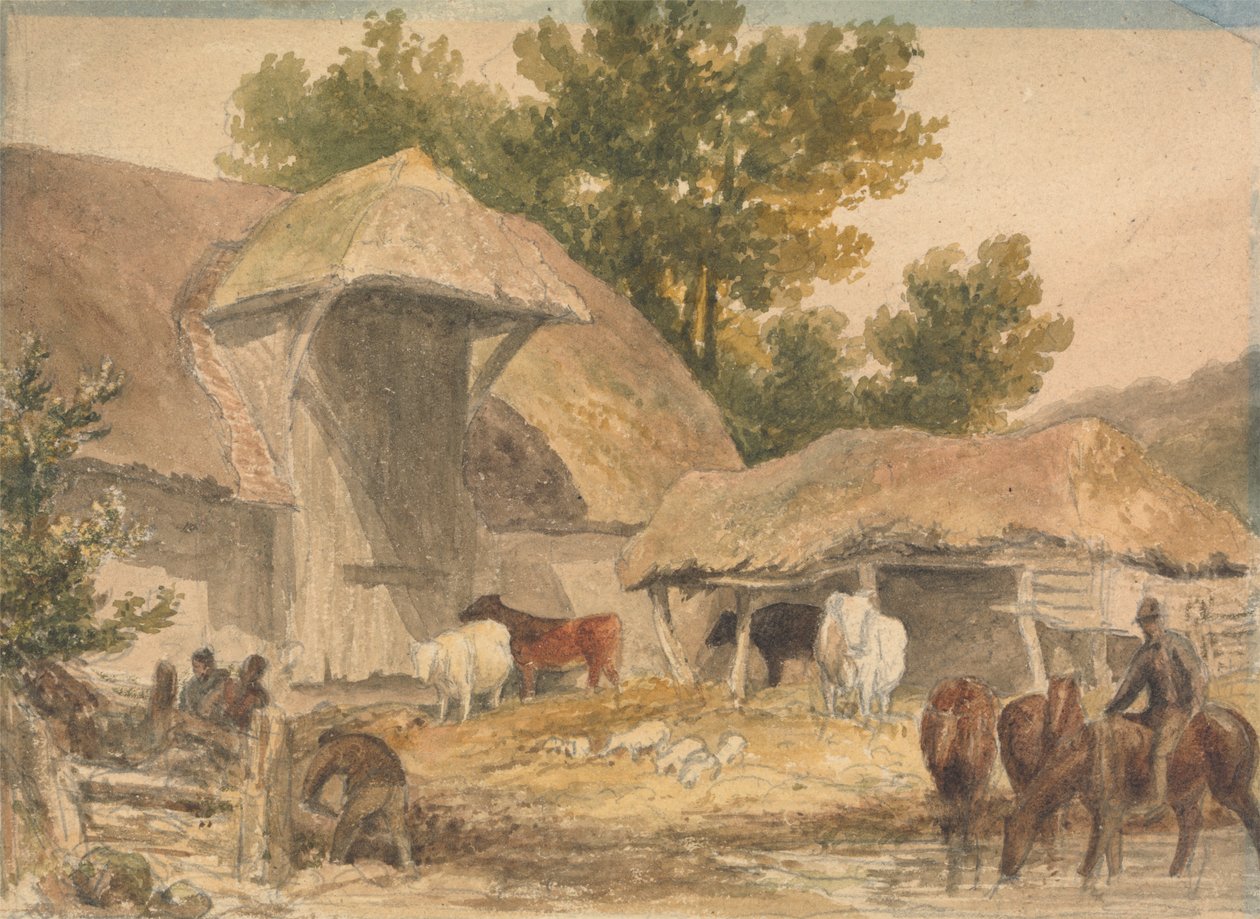Gård med heste der venter af Robert Hills