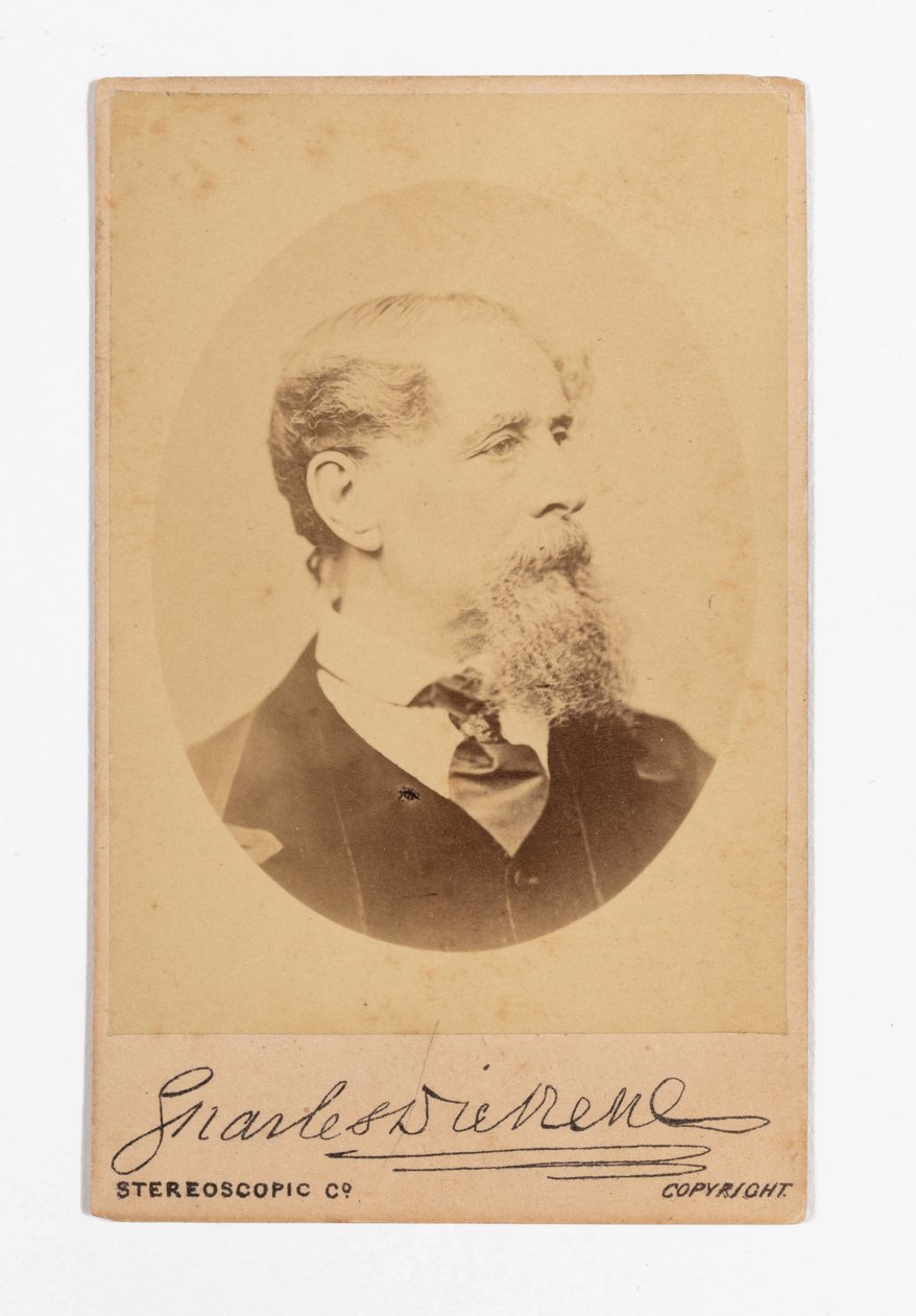 Carte de visite af Charles Dickens med Dickens underskrift af Robert Hindry Mason