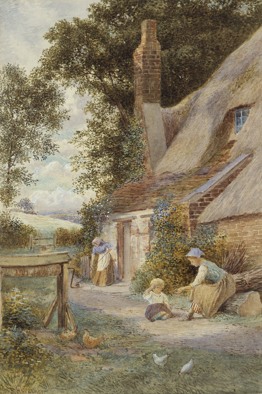 Figurer ved et sommerhus (akvarel på papir) af Robert Hollands Walker