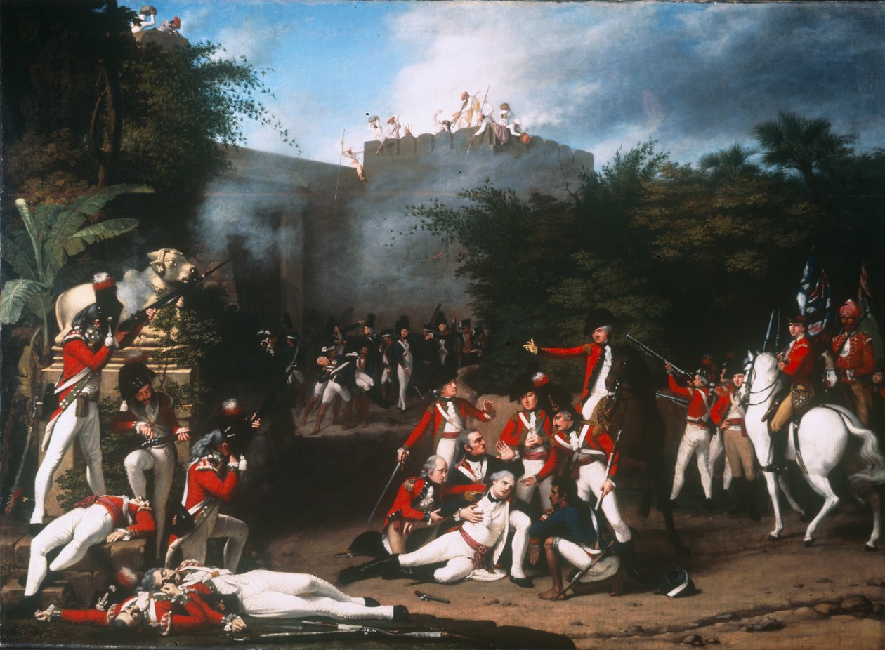 Oberst Moorehouses død ved stormingen af Pettah-porten i Bangalore den 7. marts 1791, 1793 af Robert Home