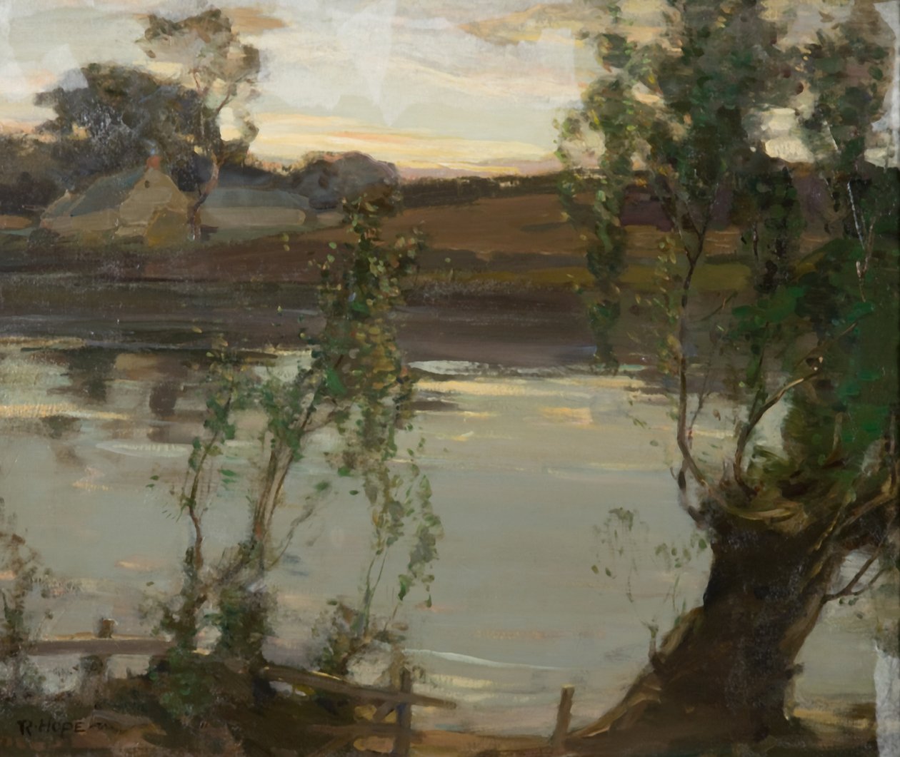 En stille pool, aften (olie på lærred) af Robert Hope