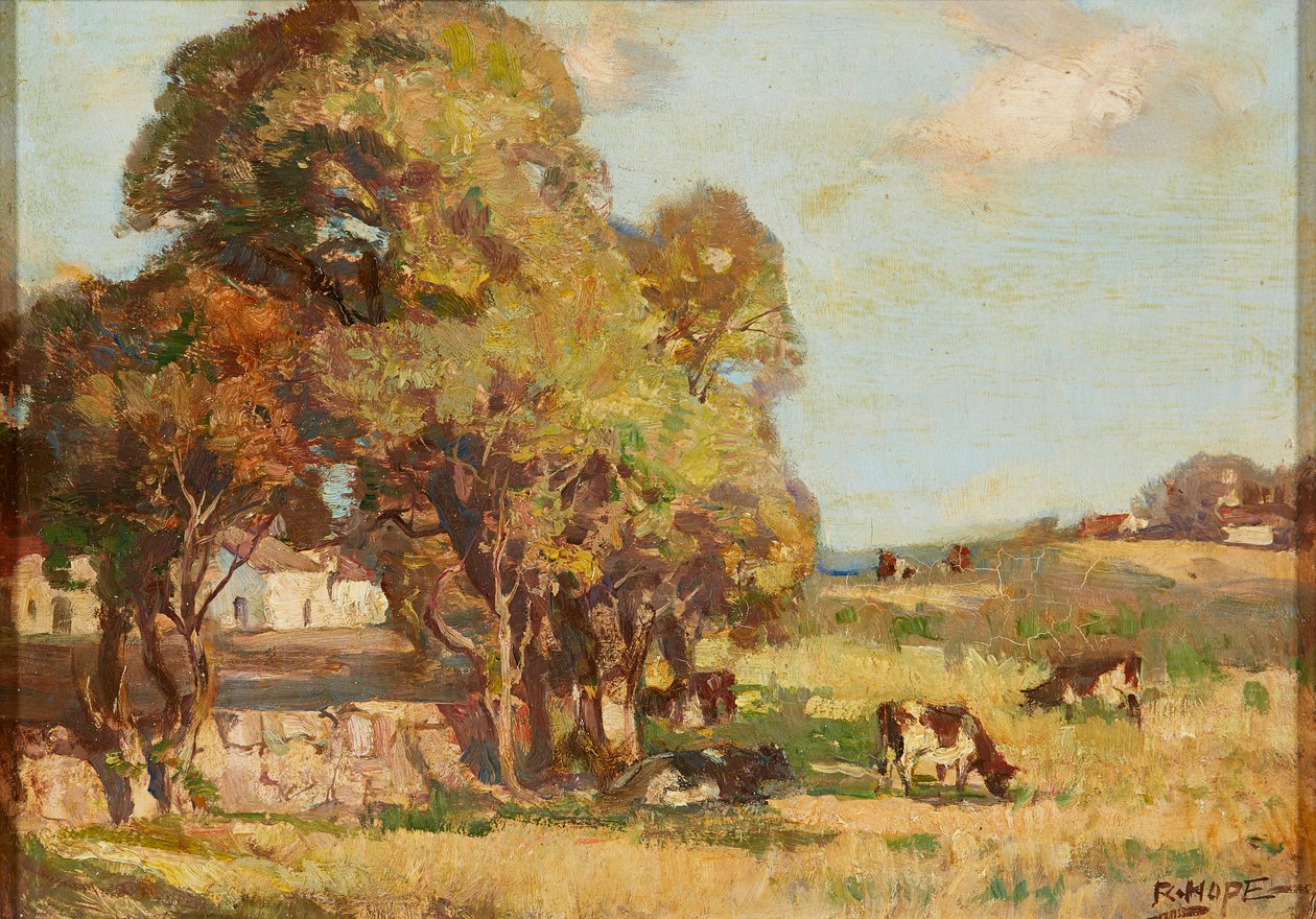 Kvæg græsser i et pastoralt landskab (olie om bord) af Robert Hope