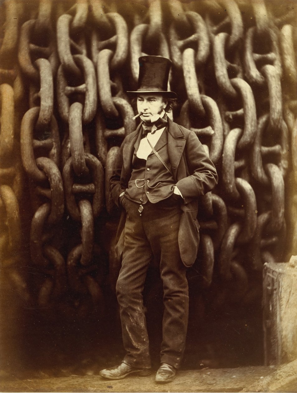 Isambard Kingdom Brunel står foran lanceringen af kæderne i Great Eastern...trykt 1863-64. af Robert Howlett