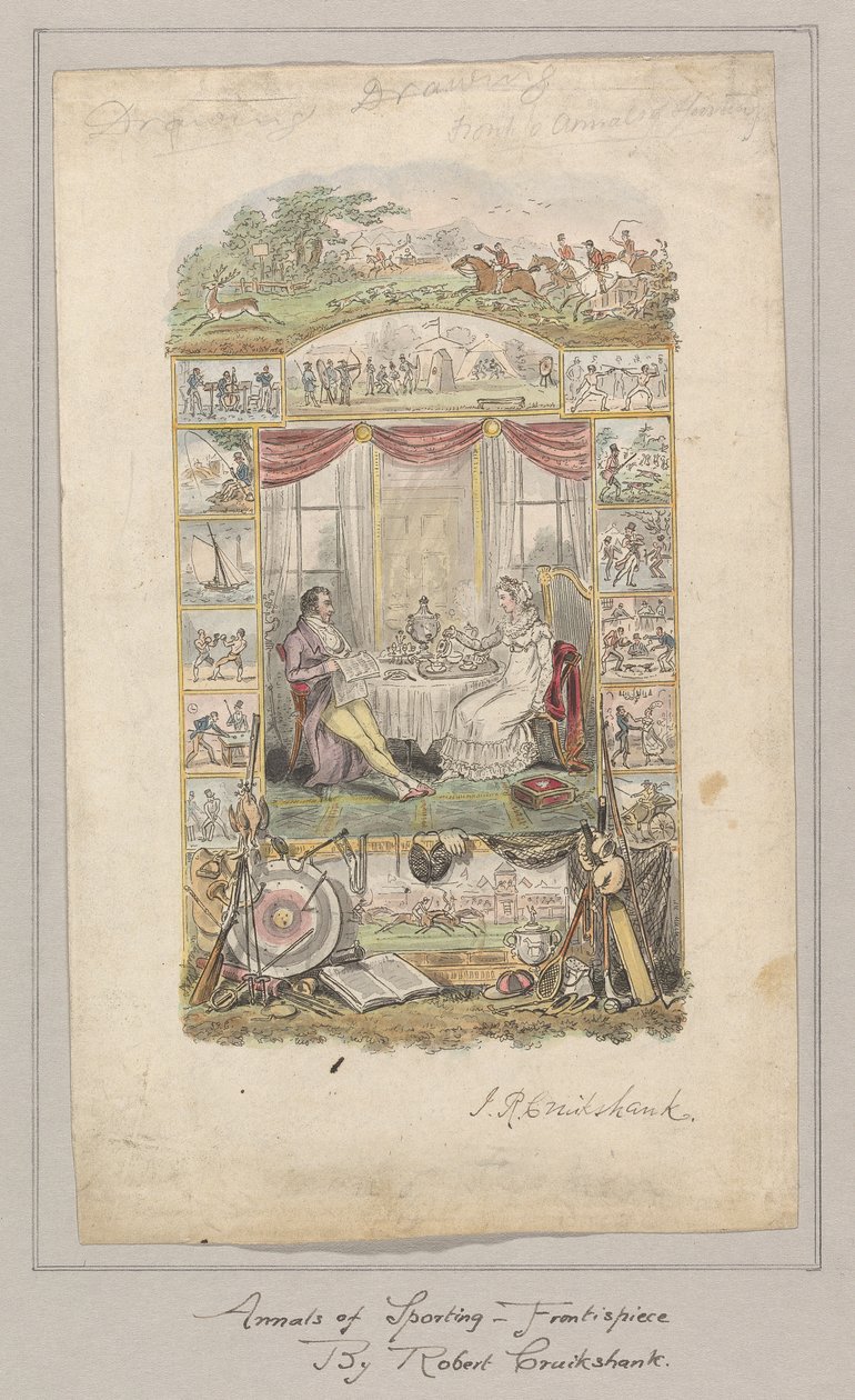 Design til frontbilledet af Annals of Sporting and Fancy Gazette, bind 1 af Robert Isaac Cruikshank