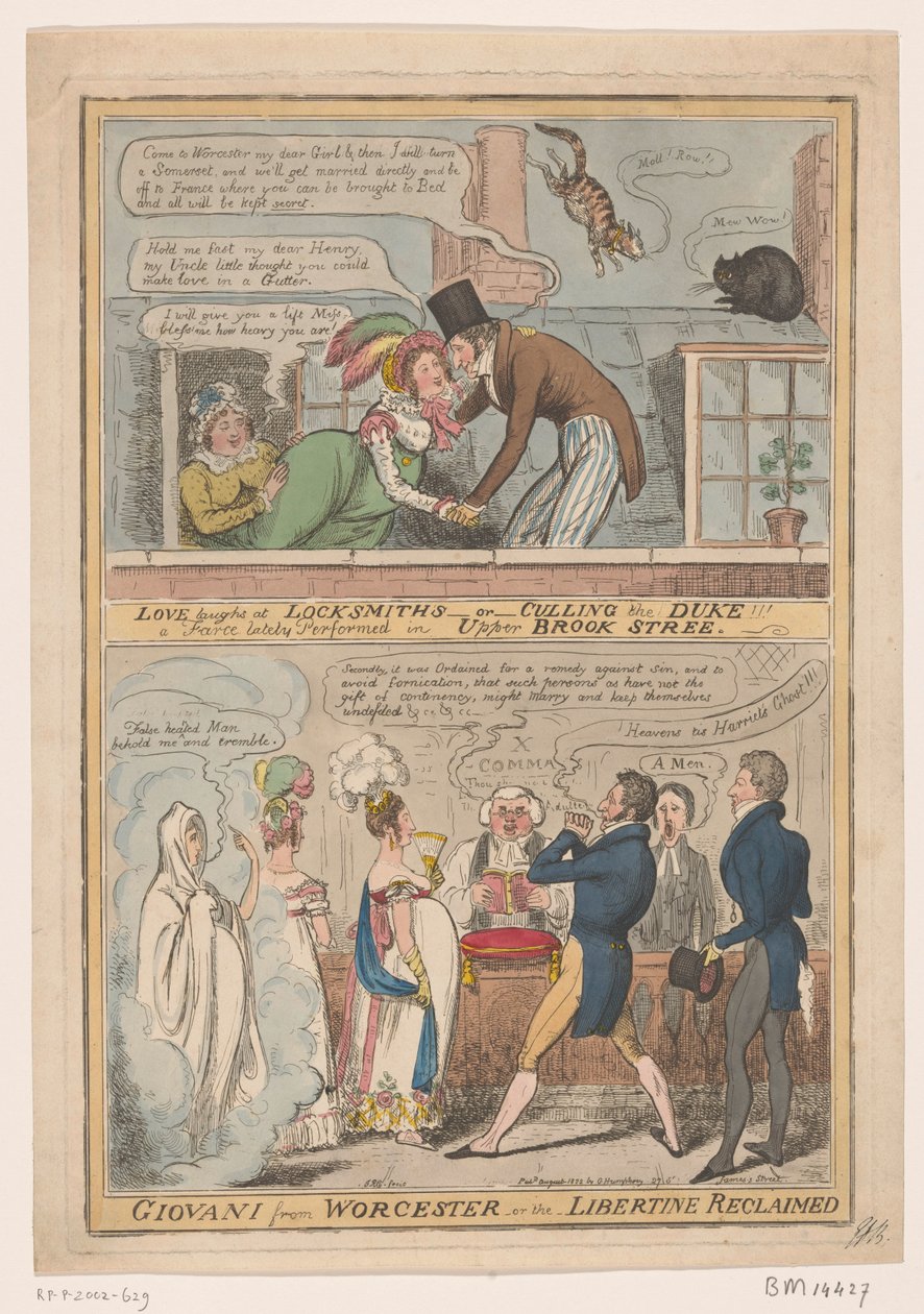 Spotprent over het ægteskab af de markies af Worcester og Anne Francis Culling Smith, 1822 Kærlighed griner af Låsesmede -eller- aflivning af hertugen!!! en farce for nylig opført i Upper Brook Street / Giovani fra Worcester -eller- libertinen genvundet (t af Robert Isaac Cruikshank