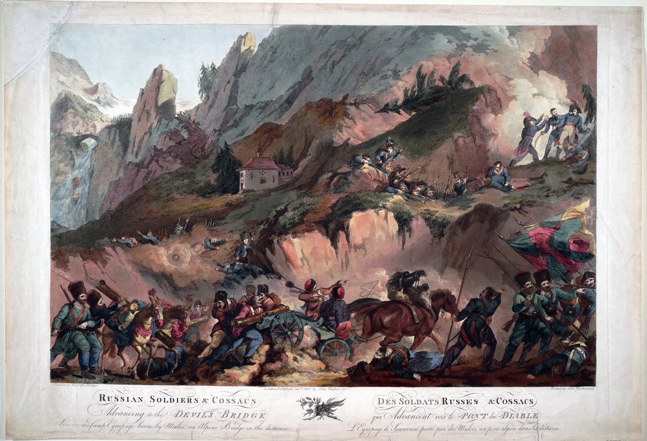I 1799 kæmpede Napoleons tropper på Djævlebroen mod russerne under kommando af general Souvarov - Russisk hær krydser Djævelens bro i 1799 - Porter, Robert Carr (1777-1842) - 1804 - Akvatinte - 63x91,3 -Privat samling af Robert Kerr Porter