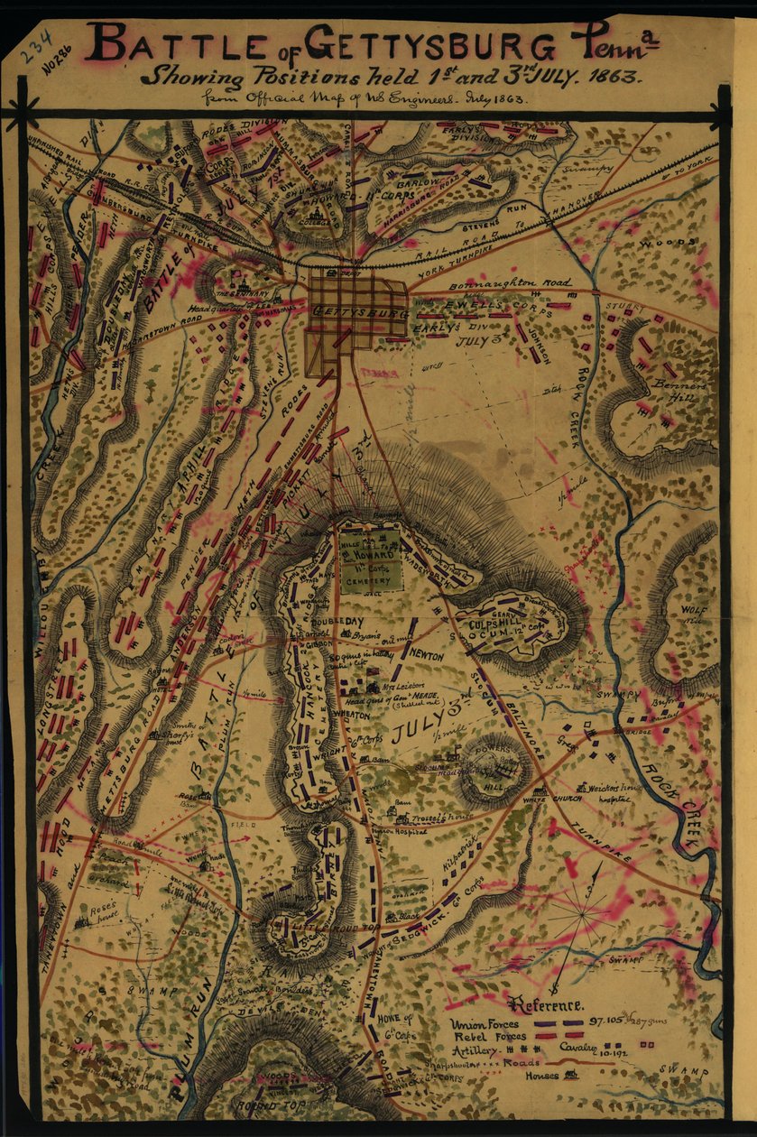 Slaget ved Gettysburg, Pennsylvania. Viser stillinger indtaget 1. og 3. juli 1863. LOC gvhs01.vhs00265 af Robert Knox Sneden