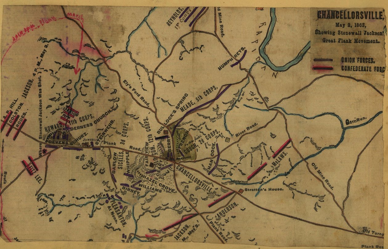 Chancellorsville, 2. maj 1863, viser Stonewall Jacksons store flankebevægelse LOC gvhs01.vhs00287 af Robert Knox Sneden