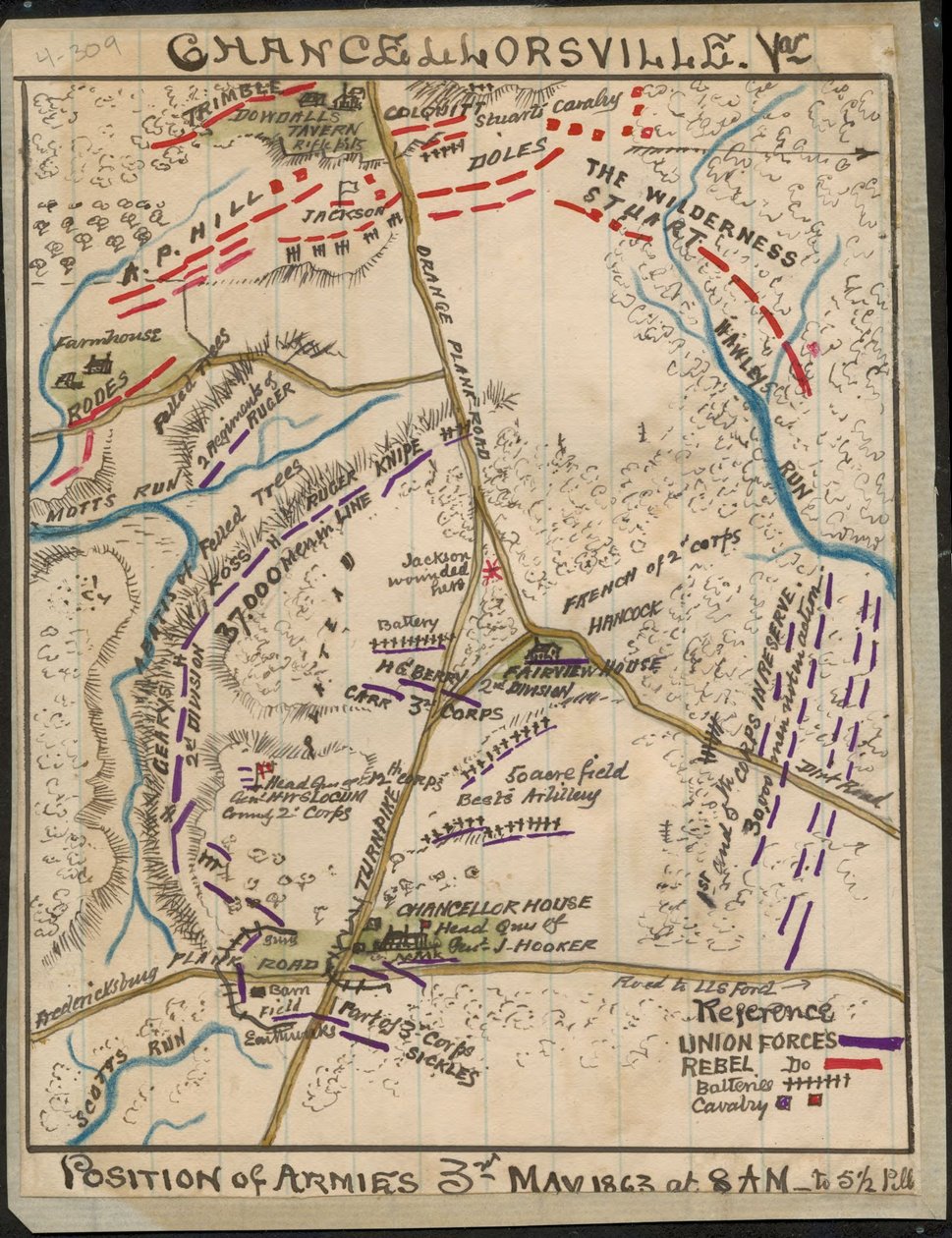 Chancellorsville, Va. Hærenes stilling 3. maj 1863 kl. 8.00 til 5.1-2.00 LOC gvhs01.vhs00136 af Robert Knox Sneden