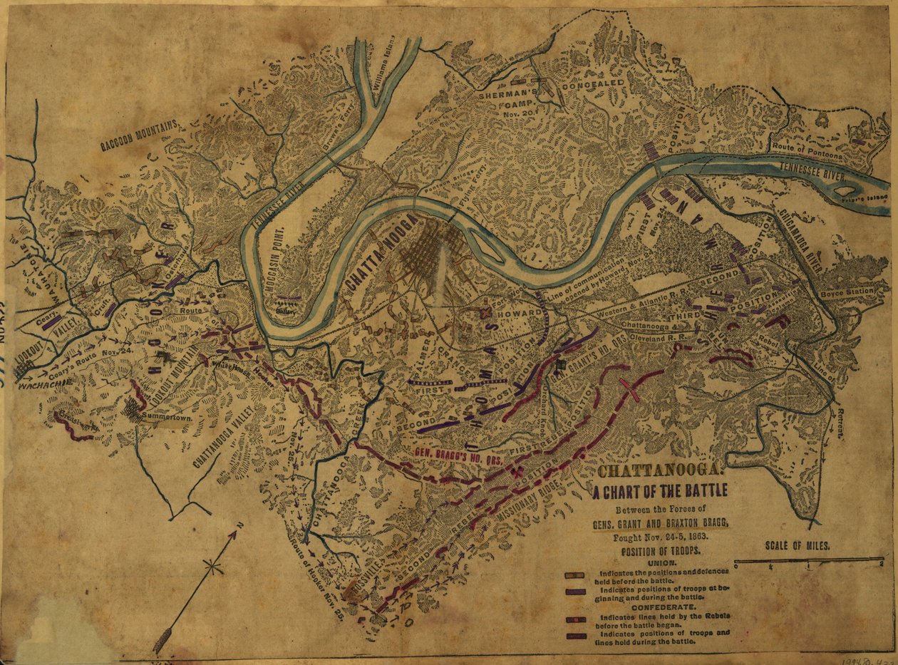 Chattanooga Et kort over slaget mellem generalernes styrker. Grant og Braxton Bragg, udkæmpet 24.-5. november 1863. LOC gvhs01.vhs00275 af Robert Knox Sneden