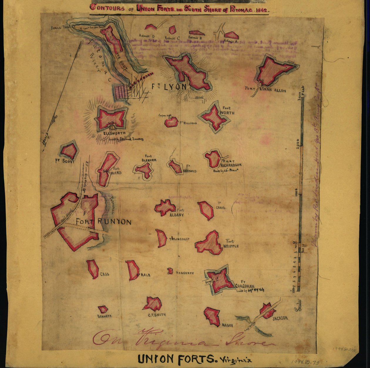 Konturer af Unionens forter på sydsiden af Potomac, 1862 (kort). LOC gvhs01.vhs00242 af Robert Knox Sneden