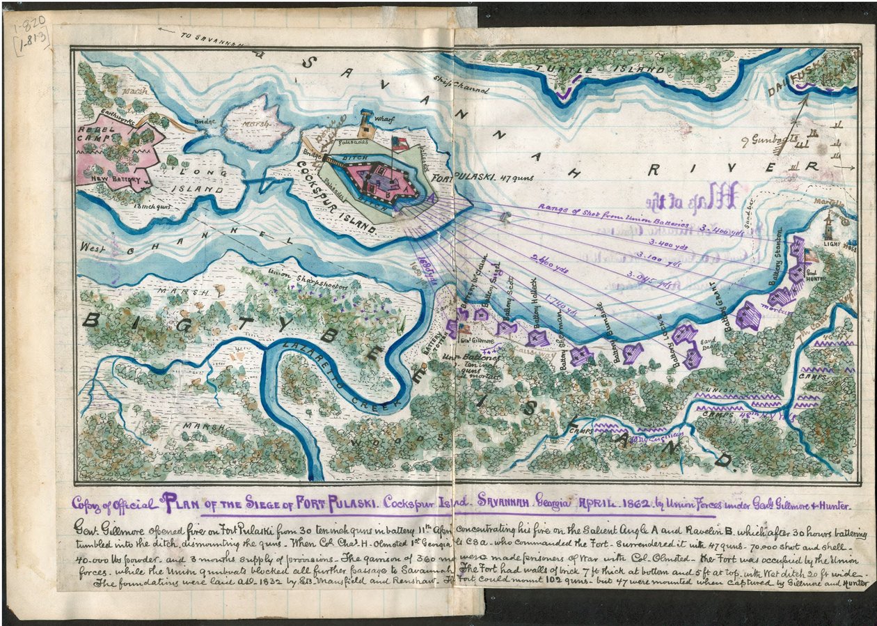 Kopi af officiel plan over belejringen af Fort Pulaski. Cockspur Island. Savannah Georgia april 1862 - af unionsstyrker under general Gillmore og Hunter. LOC gvhs01.vhs00084 af Robert Knox Sneden
