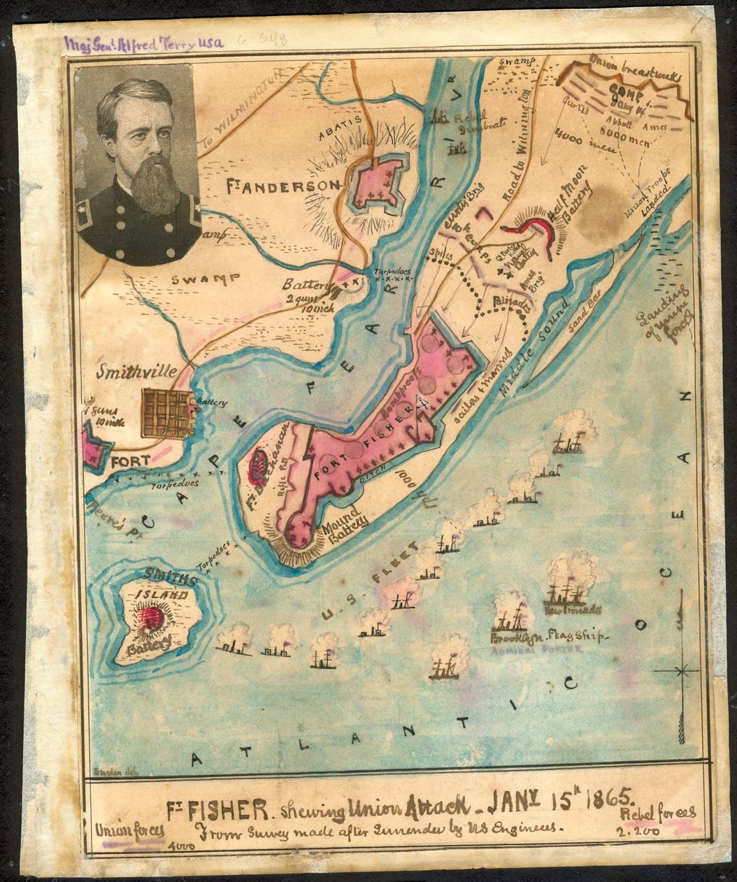 Ft. Fisher viser (sic) Unionens angreb, 15. januar 1865 Fra opmåling foretaget efter overgivelsen af amerikanske ingeniører. LOC gvhs01.vhs00185 af Robert Knox Sneden