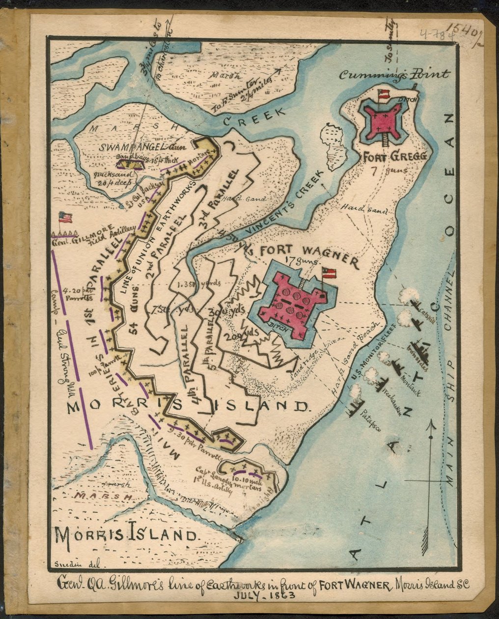 General Q. A. Gillmores linje af jordvolde foran Fort Wagner, Morris Island, S.C., juli 1863 LOC gvhs01.vhs00152 af Robert Knox Sneden