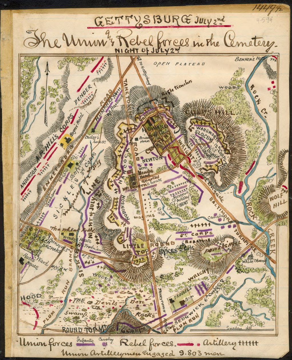 Gettysburg 2. juli Unionens og oprørernes styrker på kirkegården. LOC gvhs01.vhs00148 af Robert Knox Sneden