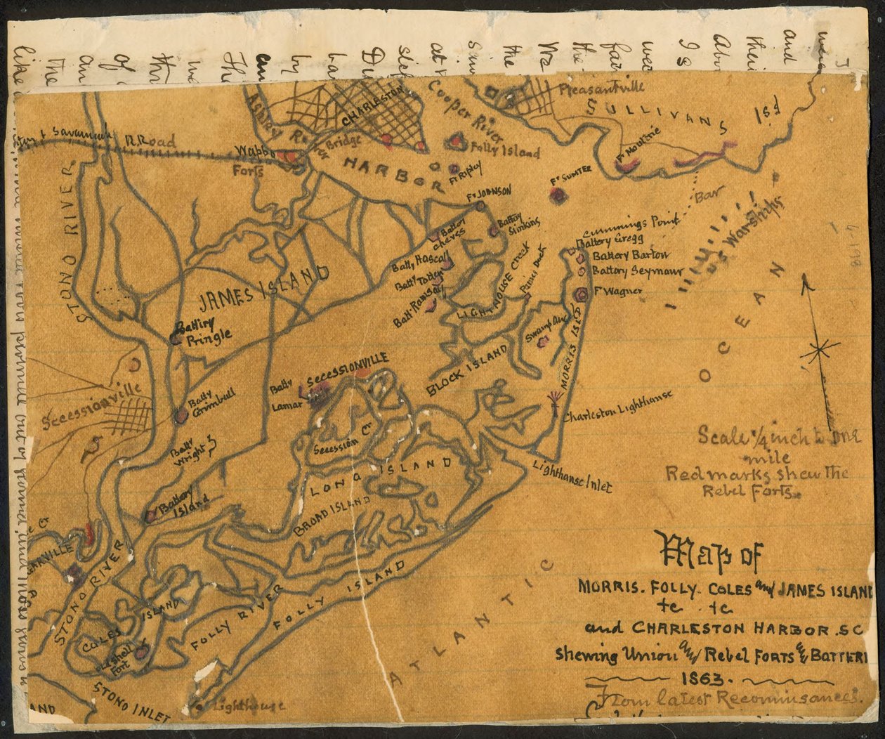 Kort over Morris, Folly, Coles og James Island(s) etc., og Charleston Harbor S.C. med angivelse af Unionens og oprørernes forter og batterier, 1864. LOC gvhs01.vhs00184 af Robert Knox Sneden