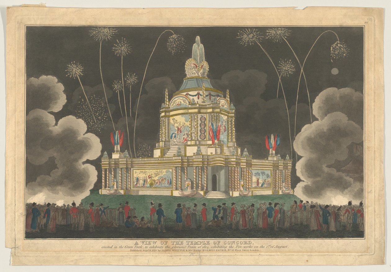 En udsigt over Temple of Concord opført i Green Park, for at fejre G..., 9. september 1814. af Robert Laurie