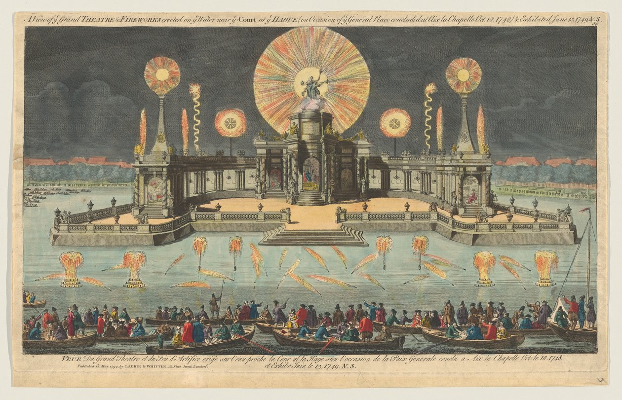 A View of ye Grand Theatre & Fireworks opsat på vandet nær ye Court i Haag den O..., 1794. af Robert Laurie