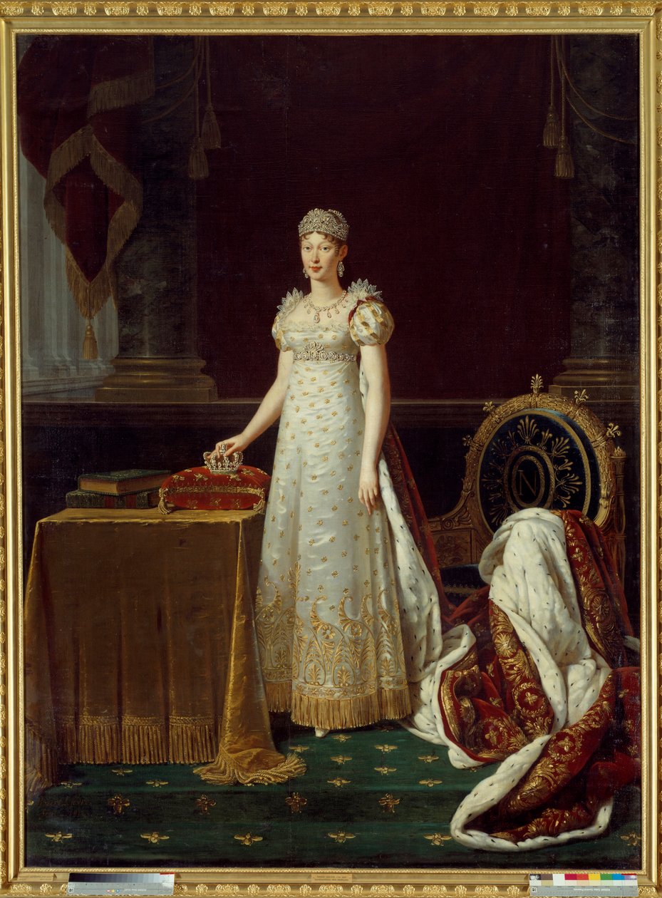 Portræt af impress Marie Louise af Østrig (Marie-Louise) (1791-1847), hustru til Napoleon I, repræsenteret Regente of the Empire og iført et Chaumet diamantsæt doneret af Napoleon i 1812 - Bag hende, en lænestol i Empire-stil dekoreret Napoleons "N" af Robert Lefevre