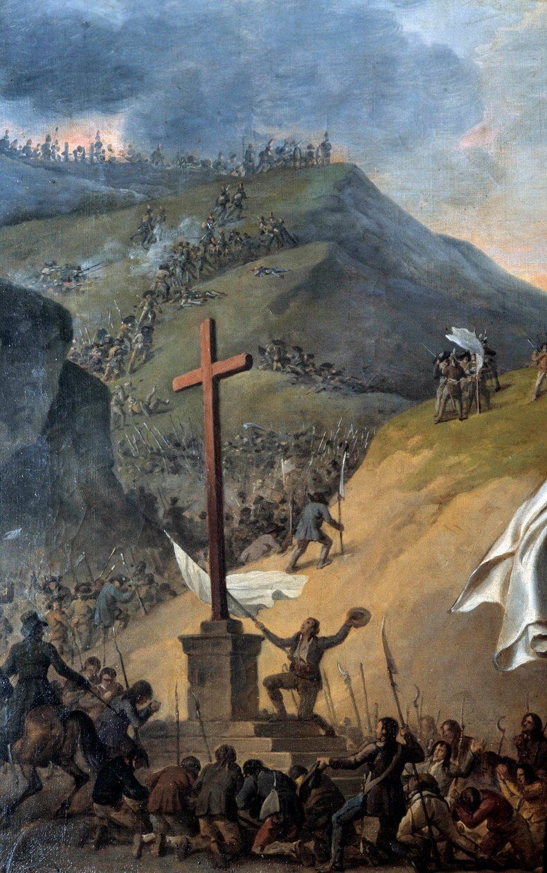 Wars of Vendee (1793-1796): "" The Chouans ved foden af ​​Golgata før slaget"" Detalje af "" Portræt af Louis Marie de Sagères, Marquis de Lescure (1766-1793)"" Maleri af Robert Lefevre (1755) - 1830) af Robert Lefevre