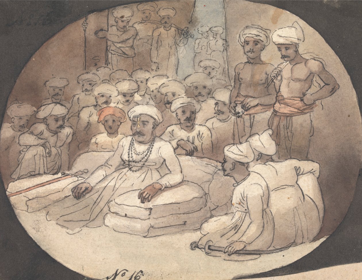 Skitse af Mahadji Scindia i sit telt af Robert Mabon