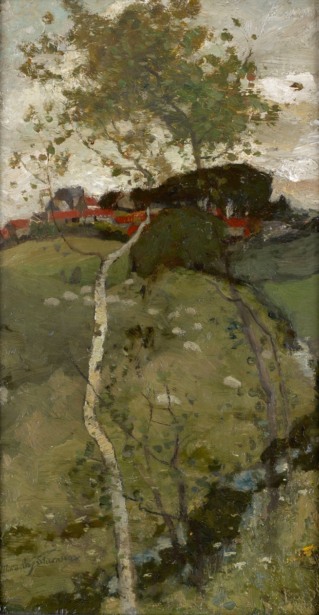 Village on a Hill - The Silver Birch (olie om bord) af Robert Macaulay Stevenson