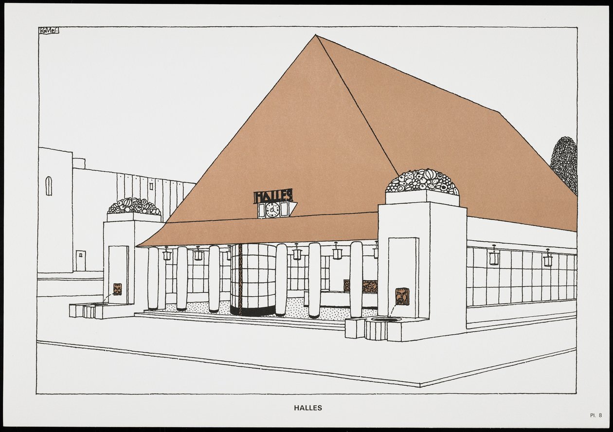 Halles, fra Une Cite Moderne, Tegninger af Rob Mallet-Stevens Architecte, 1987 (udgivet) af Robert Mallet Stevens