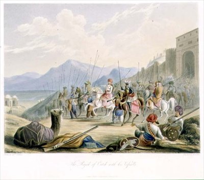 Rajaen af Cutch, Desal II (1819-60) med sine vasaller, fra bind I af "Scenery, Costumes and Architecture of India", graveret af R.G. Reeve (fl.1811-37) og farvelagt af J.B. Hogarth, udgivet af Ackermann. af Robert Melville (after) Grindlay