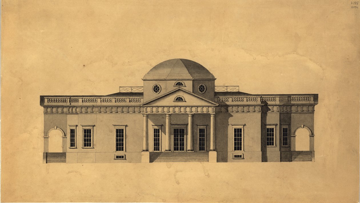 Monticello: 2. version vest forhøjning, recto, 1803 pen & blæk med wc på papir af Robert Mills