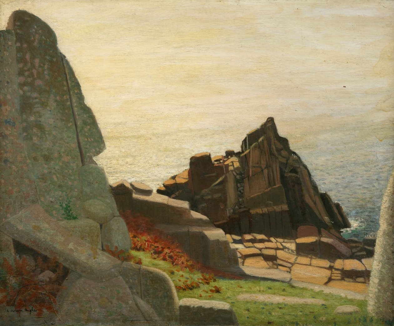 Below Carn Barges (klipper under Lamorna) (olie på lærred) af Robert Morson Hughes