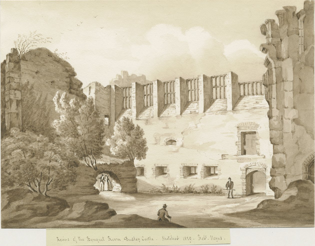 Dudley Castle - The Keep: sepia-tegning af Robert Noyes
