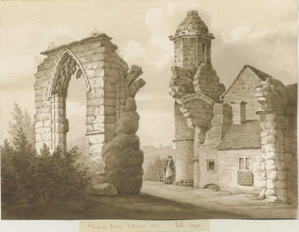 Dudley Priory: sepia wash drawing, 1827dani af Robert Noyes